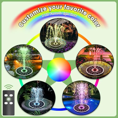 Yzert 2026 Remote Solar Powered Fountain, 6W Glass Bird Bath Fountain with 4000mAh Battery, 7 Nozzles, 4 Fixers & 8 Colorful LEDs, Adjustable Water Height for Outdoor Garden Pond Pool - color: 8leds