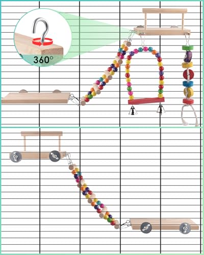 DBNESS 5in1 Bird Parakeet Toys, Detachable Birdie Perches Platform Swing with Climbing Ladder, Parrot Cage Stand Accessories, Wooden Playing Gyms for Conure Cockatiel Lovebird Finch Budgerigar Pigeon