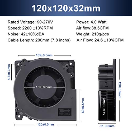 Wathai EC 120mm x 32mm Centrifugal Blower Fan AC 110V 120V Dual Ball | Duall Ball 4W Power Energy-Saving, High Airflow Centrifugal Blower Fan AC 110V 115V 120V 220V 240V - style: 120x32mm 100-220V
