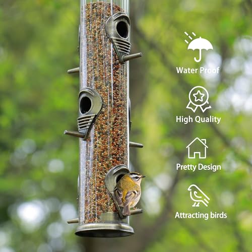 2PK Metal Bird Feeders with 6 Feeding Ports,Tube Bird Feeder with Steel Hanger,Hard Plastic Wild Bird Feeder for Outdoors Hanging, Attracting Birds in Your Lawn, Garden, Balcony (Bronze) - color: Bronze 2 PACK