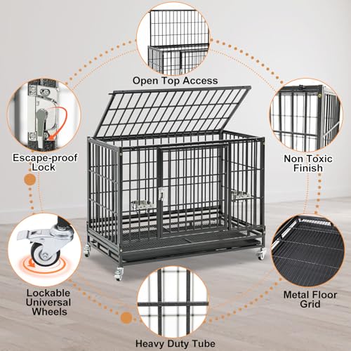 Homey Pet 37 Inch Heavy Duty Dog Crate for Medium Dogs | Stackable Dog Cage Kennel with Four Lockable Wheels, Removable Tray & Grid, Open Top, Escape Proof Dog Kennel Indoor - size: 37.0"L x 22.5"W x 29.2"H