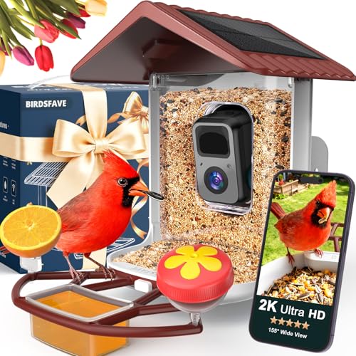 Bird Feeder with Camera Solar Powered 2K Video with 32GB Card Auto Capture | Instant App Alert, AI Identify, Easy Refill, 1.8L Capacity, IP65 Weatherproof, Pole/Bracket Mount, 3 DIY Add-ons, 2.4G Wifi - color: Red