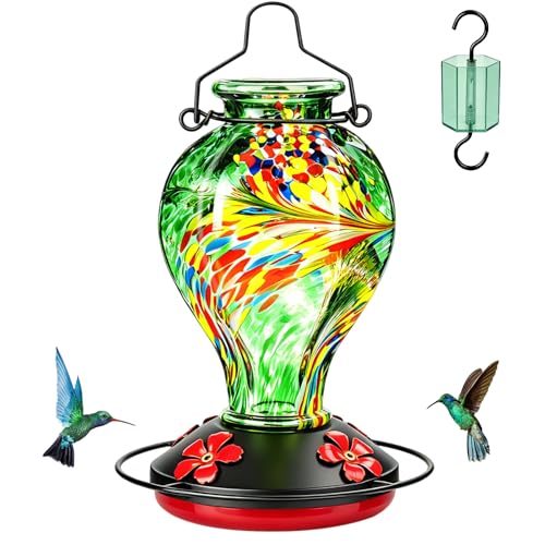 Hand Blown Glass Hummingbird Feeders for Outdoors Hanging, 24oz Wild Bird Nectar Feeder with Ant Moat and Perch, Bee-Resistant Ports, Garden Decor, Gifts for Women Mom, 1 Pack, Green Phoenix - color: Green Phoenix