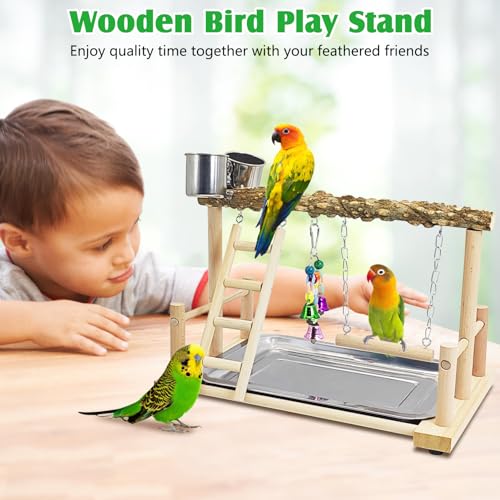 kathson Parrots Playground Bird Perch Wood Playstand Stand with Ladder Swing Feeder Cups Chew Toy for Parakeet Conure Cockatiel Budgie Lovebird Finch Small Birds