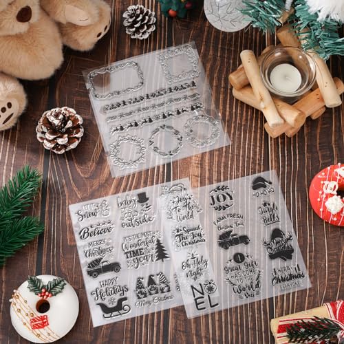 Whaline 5 Sheet Christmas Clear Stamps Wreath Snowman Gnome Silicone Transparent Stamps Greeting Words Border Stamp Cards for DIY Craft Card Making Scrapbooking Embossing Album Decor - style: Christmas