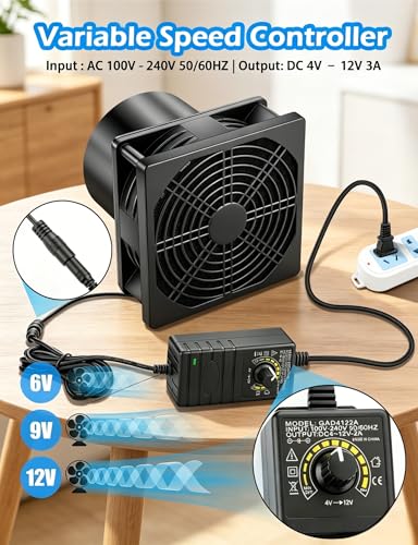 120mm x 38mm 4 Inch Computer Duct Fan, 12V Exhaust with AC Speed Controller,High Airflow Small Exhaust Fan Dual Ball for Print Fume Extractor Enclosure Grow Tent Ventilation Crawlspace Cooling - size: 12038-one duct