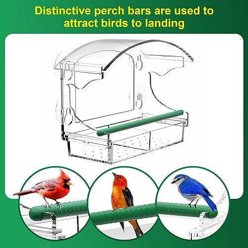 Clear Acrylic Window Bird Feeder for Outside with 4 Strong Suction Cups and Detachable Seed Tray, Highly Transparent Outdoor Viewing Birdfeeder, Wild Bird House Box