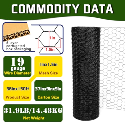 Premium Black Chicken Wire Fencing 36inx150ft, PVC Coated Chicken Wire, Poultry Netting, Galvanized Chicken Wire Barrier for Floral Arrangements/Craft Projects/Pet/Rabbit - color: Black, size: 36inx150ft