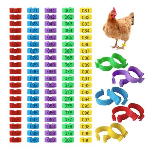 100 Pieces 16 mm Chicken Identification Leg Bands, Colorful 01-100 Numbered Duck Ankle Chicken Foot Tags Bracelets, Clip on Poultry Leg Bands Ring for Hens Chicks Goose Turkey ID (0.62'' (16 mm))