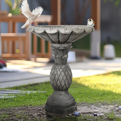 watnature 24.8" H Cement Modern Outdoor Bird Bath - Fibre Reinforced Concrete Bird Baths for Garden, Large Size Elegant Carved Garden Birdbaths with Pedestal for Patio, Backyard, Lawn Decor - color: dark gray, size: 24.8in. H