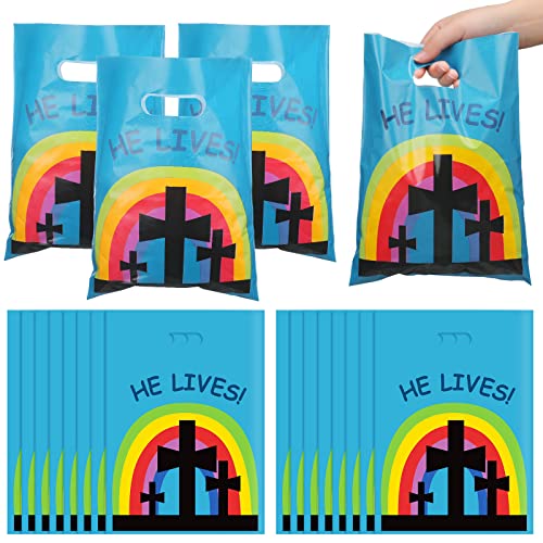 Oudain 60 Pcs Religious Goody Bags, Easter Treat Gift Bag with Handles, Christian Cross Plastic Candy Packaging Bags for Party Favor Easter Egg Hunting Game VBS Gift Packaging(Cross) - color: Cross