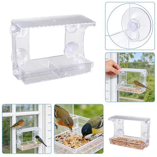 SUQ I OME Window Bird Feeder for Outdoors, Clear Acrylic | Tilted Roof, Strong Suction Cups, Rain Proof, Transparent Wild Bird Watching House