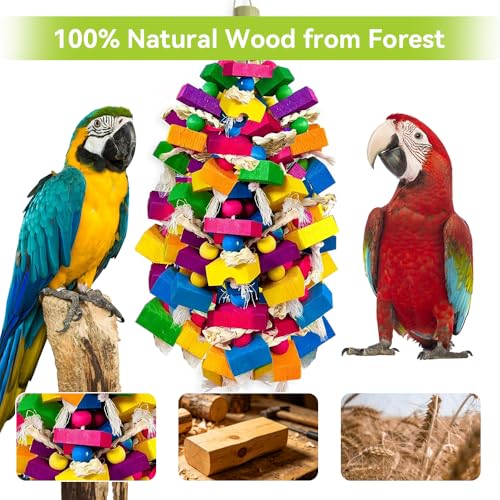 Large Parrot Chew Toys, Colorful Natural Wood Hanging Shredding Toy, Heavy Duty Beak Grinding Enrichment Toy for Macaw, Cockatoo, African Grey Large Bird Cage Accessories