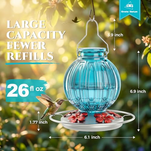 Glass Hummingbird Feeder for Outdoors Hanging, 26 fl oz Bird Nectar Feeder | 5 Metal Flower Feeding Ports, 360° Perch Ring, Easy Refill & Clean, Leakproof, Ideal for Backyard Garden Outdoor Decor, Blue - color: Blue