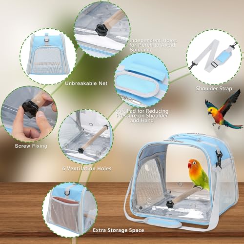 Small Bird Carrier, Large Window Travel Cage with Stand and Easy Clean Tray for Parrot Parakeet Cockatiels, Lightweight and Portable, Blue - color: Blue