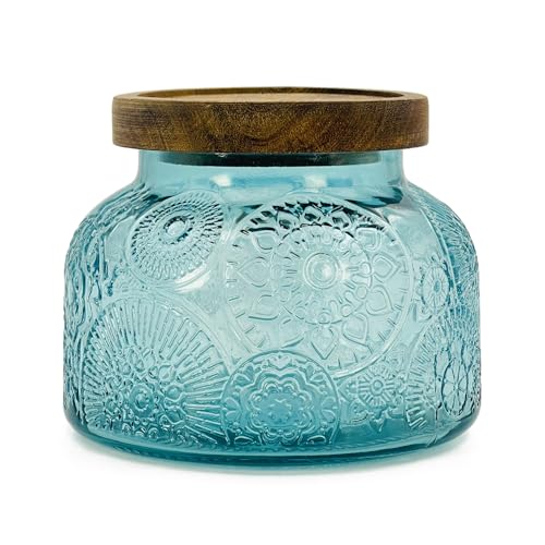 Decorative Blue Embossed Glass Jar with Airtight Wooden Lid, 25.4 fl. oz | Wide mouth vintage storage canister, kitchen pantry bathroom organization, coffee sugar tea cookie candy candle vase gift - size: 25.4 Ounces, style: Blue Flower