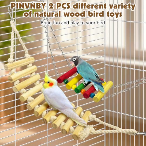 PINVNBY 2 PCS Bird Rope Ladder Bird Bridge Swing Hammock Toys Made of Natural Wood and Rope Parakeet Cage Accessories for Parrot Budgie Conure Cockatiel (Natural Wood) - color: White