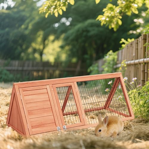 Rabbit Hutch Bunny Cage Indoor Outdoor for Chickens, Quails, Ducks | Small Poultry Enclosure, Ventilating Wire Fence, Pull-Out Tray, A-Frame Design, Waterproof Roof - color: Natural Wood