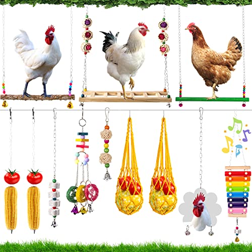 13PCS Chicken Toys for Coop Accessories - Chicken Xylophone Toy, Chicken Mirror, Chicken Ladder Bridge, Coop Swing, Vegetable Hanging Chicken Feeder, Chewing Foraging Toys, Gifts for Hens - size: 13pcs