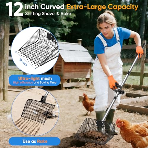 12inch Large Metal Chicken Poop Scooper for Sand with Ergonomic Grip, Adjustable Angle 2 in 1 Chicken Coop Scoop & Rake (39-66"), Stainless Steel Litter Sifting Shovel Chicken Coop Cleaning Tool, Farm