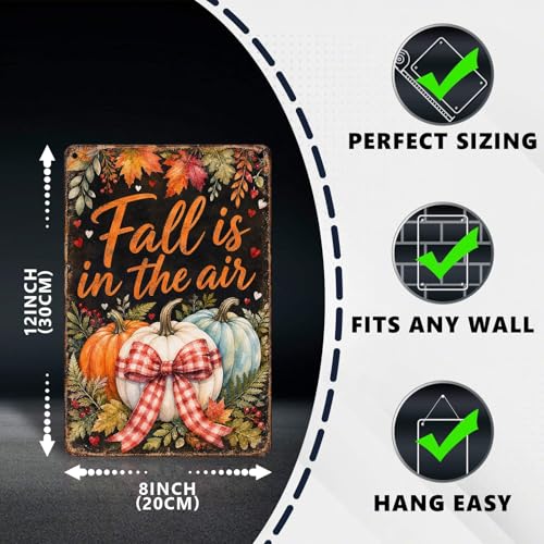 Fall Is In The Air Pumpkin Gingham Bow Tin Sign Rustic Autumn Wall Decor for Entryway Porch Kitchen Dining Room Living Room and Farmhouse Home Decor 12 * 8In - color: Vintage Thanksgiving Tin Sign 20, size: 20X30cm(12*8in)