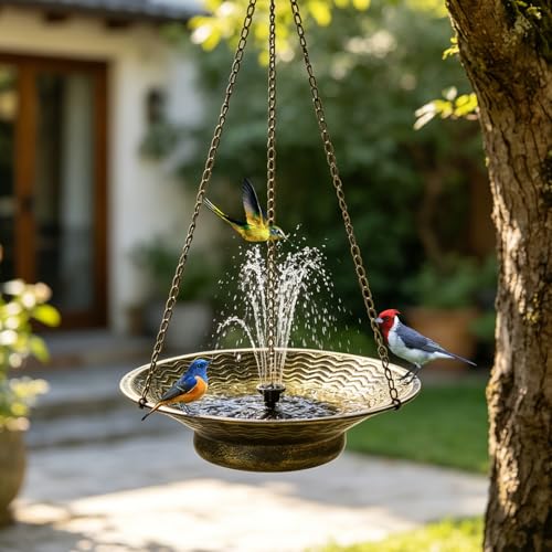 12.6" Hanging Solar Bird Bath Metal for Outside Gold | Hanging Bird Bath with Solar Fountain, Hanging Birdbath Bubbler for Outdoors Backyard Patio Garden Decor - color: Gold