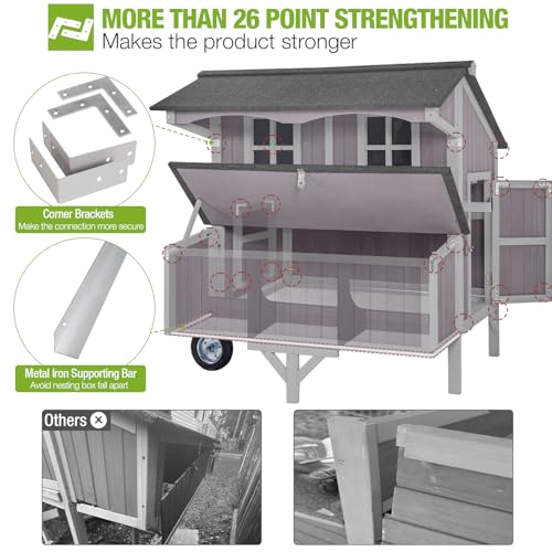 GUTINNEEN Chicken Coop Mobile Duck Coop with Super Large Wheels Durable Hen House 48.6" Outdoor Rabbit Hutch with Nesting Box for 3-6 Chickens - size: 48.6"L x 41.0"W x 52.1"H