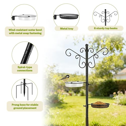 Bird Feeding Station,Heavy Duty Bird Feeder Pole with Upgraded Thickened Pole & 5-Prong Base,Hanging Hooks,Mesh Tray,Water Bowl w/Metal Snap Fastening,Wind-Resistant Wild Bird Feeding Kit for Outdoors