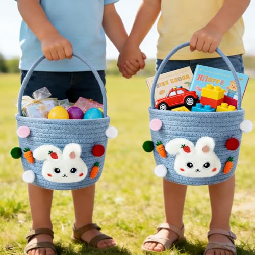 Easter Bunny Baskets for Kids, Baby Easter Empty Egg Basket with Handle, Woven Rope Cute Treasure Egg Hunt Baskets for Boys Girls Toddler, Easter Gifts, Blue - color: Blue