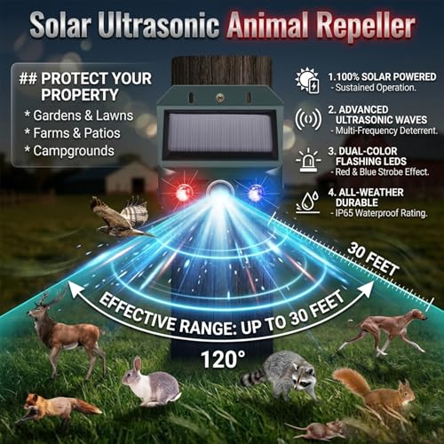 4 Packs Solar Nocturnal Animal Repeller,Ultrasonic Coyote Deterrent Outdoor for Yard Farm,Predator Lights with Red&Blue for Bird,Effective Deer Repellent Outdoor for Chicken Coop