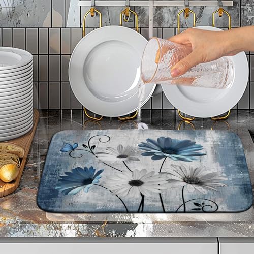 Dish Drying Mat for Kitchen Counter 16x18 Inch Blue Grey Daisy Drying Pads Rustic Vintage Floral Dish Dry Mat Microfiber Absorbent Farmhouse Dish Drainer Mat Flowers Dish Drainer Rack Mat - color: Blue Grey Daisy, size: 16" x 18"