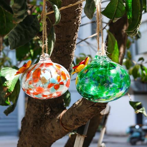 2 Pcs Blown Glass Hummingbird Feeder for Outdoors Hanging | Ant & Bee Resistant Window Bird FeederHandmade Garden Decor Gift for Women - Small Round Green Red Glass Feeders Bundle - color: Ellipse A2
