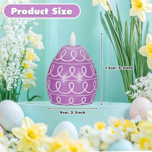3PCS Easter Egg Flameless Candles – 5.2" Battery Operated LED Egg Candles with White Wave Pattern, Green Purple Pink Real Wax Finish, Flickering Flame for Easter Table Centerpiece Spring Home - color: purple, pink, green