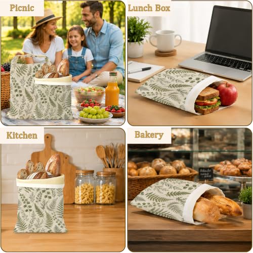 2 Pack Beeswax Linen Vintage Fern Bread Bags, Botanical Leaves Reusable Fresh Keeping Bags for Sourdough & Baguette, Freezable Portable Bread Storage Container 17×13'' - color: Vintage Fern Botanical
