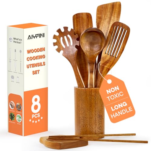 Non-Toxic Wooden Kitchen Utensils Set, 15.4" Long Handle Wood Spatula for Cooking, Egg Flipper Fish Turner Spatula for Non Stick Frying Pan, with Chopsticks, Soup Ladle, Pasta Spoon, Holder, Rest