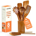 Non-Toxic Wooden Kitchen Utensils Set, 15.4" Long Handle Wood Spatula for Cooking, Egg Flipper Fish Turner Spatula for Non Stick Frying Pan, with Chopsticks, Soup Ladle, Pasta Spoon, Holder, Rest