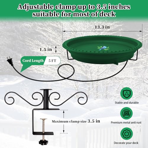 Lovppy Heated Bird Bath for Deck Railing, 100W Thermostatically Controlled Heated Bird Baths for Outdoors Bird Bath Heater, Heated Birdbath for Outside Winter Garden Patio Yard(Green) - color: Green