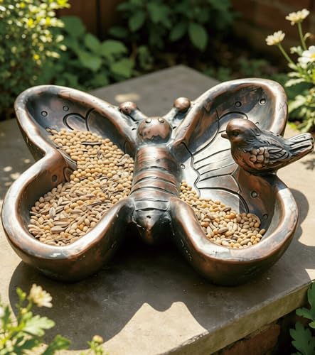 Resin Ground Bird Feeder, Butterfly Bird Feeder Tray | Dual Sections, Heavy Platform Feeder for Outdoor Garden Yard Patio Lawn, Hand-Painted Decor, 13.6 Inch - color: Bronze & Blue Patina