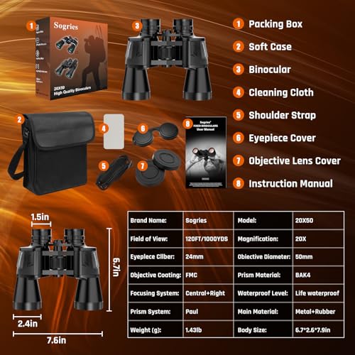20x50 High Power Binoculars for Adults with Low Light Night Vision | Military Compact HD Professional/Daily Waterproof Binoculars for Bird Watching/Traveling/Outdoor - size: 20x50
