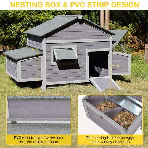 Wooden Chicken Coop, Large Hen House with Weather-Resistant Asphalt Roof, Easy to Clean with Removable Metal Tray, Ideal for 3-4 Chickens, Duck, Rabbits & Small Animals - color: Grey, size: 67.3"L x 36.8"W x 40.6"H