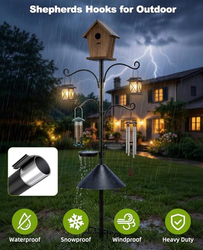 Heavy Duty Bird Feeder Pole Shepherds Hooks Squirrel Proof for Outdoor | Adjustable Heavy Duty Birdhouse Pole Smart Feeder Stand with 4 Hooks 9 Prongs Base Squirrel Baffle for Hanging Plant Garden - size: 93inch