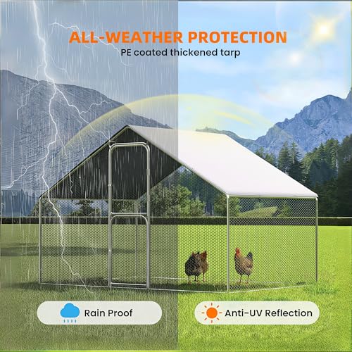 UDPATIO Large Metal Chicken Coop Walk in Run House Pen Galvanized Frame | Double Feed Door UV-Resistant Cover Outdoor Cage for Bird Duck Rabbit Hen 6-10 Silver M - size: 120.0"L x 72.0"W x 72.0"H