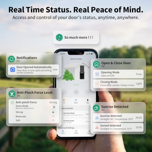 Smart Automatic Chicken Coop Door Solar Powered, WiFi App-Controlled, Door Status Display, 8000mAh Battery, Notifications, Sunrise Sunset Timer, Anti-Pinch Protection, Predator Proof Aluminum Alloy