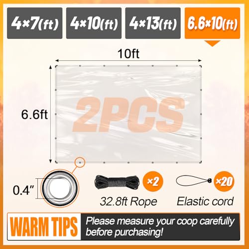 2pcs 6.6x10ft Chicken Coop Covers Accessories for Winter - Easy to Install Waterproof Chicken Run Tarp with Elastic Cords & Ropes - size: 6.6x10ft