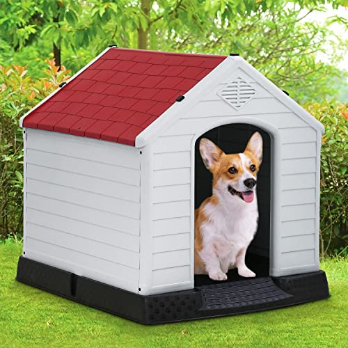 FDW Dog House Indoor Outdoor Durable Ventilate Waterproof Pet Plastic Dog House for Small Medium Large Dogs Insulated Puppy Shelter Kennel Crate with Air Vents and Elevated Floor - style: Red