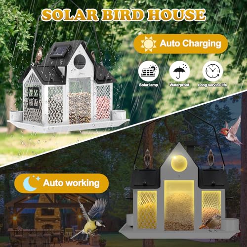 Solar Bird Feeders House Outside Hanging Metal Wild Bird Feeder Outdoors Large Cardinal Bird Feeder Birdhouses Squirrel Proof White - color: White