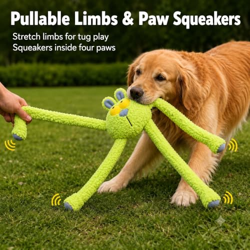 Squeaky Dog Plush Chew Toy, Interactive Tug Squeaky Toy for Chewers, Medium & Large Dogs, 31.5 Inch Stuffed Swinging Rabbit Toy with Stretchable Limbs for Gum Care & Boredom Relief, Neon-Green - color: Neon Green (Swinging Rabbit)
