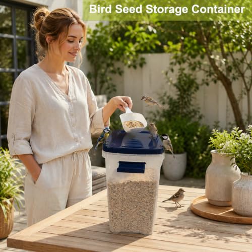 5-10 Lbs Airtight Cat Dog Food Storage Container, 8QT Compact Pet Food Bin | Plastic Food Container with Buckle-Lock Lid & Scoop for Dog, Cat, Bird Seed, Pet Food, Chicken, Dry Food, Rice, Cereal, Flour - color: Dark Blue