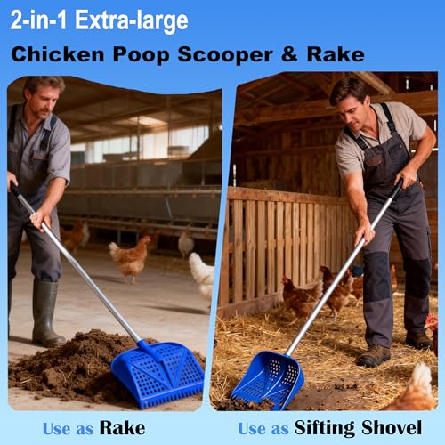 11.8inch Heavy Large 2-in-1 Chicken Poop Scooper & Rake,Adjustable Aluminum Handle（20–61"） Chicken Coop Scoop– Litter Scoop Sand & Sifting Shovel for Chicken Coops Shoveling Snow(Black) - color: Black