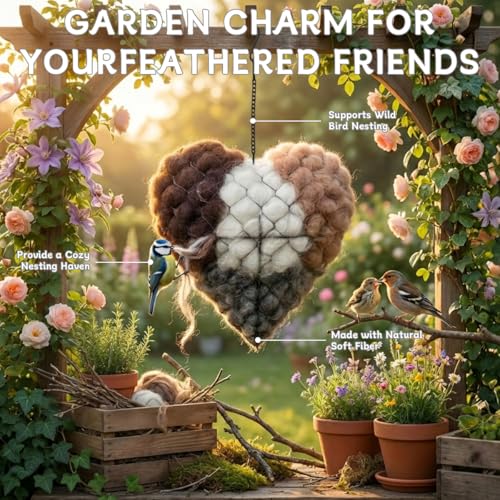 Handmade Alpaca Fiber Bird Nesting Material Heart – Soft Nesting Holder for Wild Birds, Garden Trees, Winter Shelter & Bird Lover Gift (1PC)